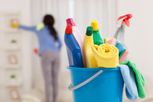 a bucket of cleaning supplies