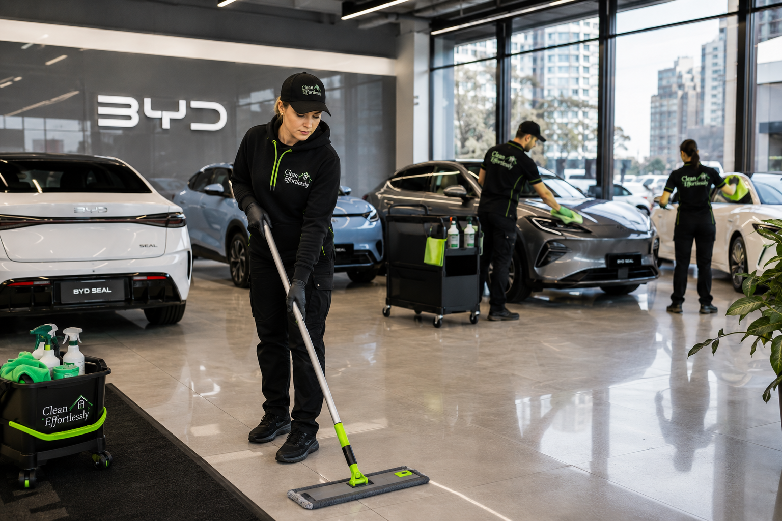 Clean Effortlessly team cleaning a car showroom floor and glass in a Sydney dealership
