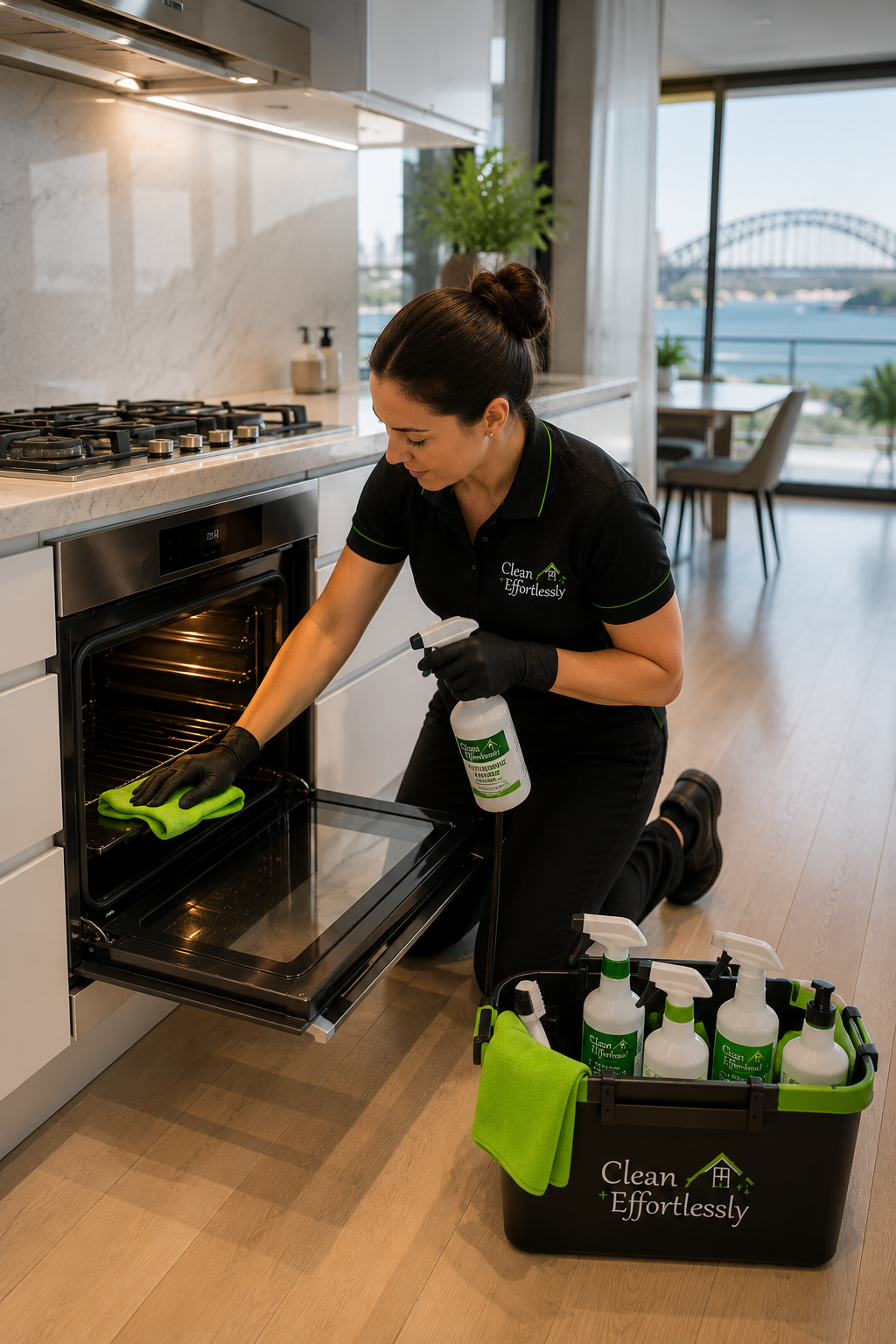 End of lease cleaning cost by property size Sydney — professional cleaner cleaning an oven during a bond clean