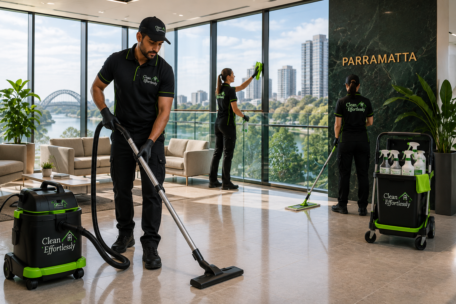 Professional cleaning team servicing a Parramatta property