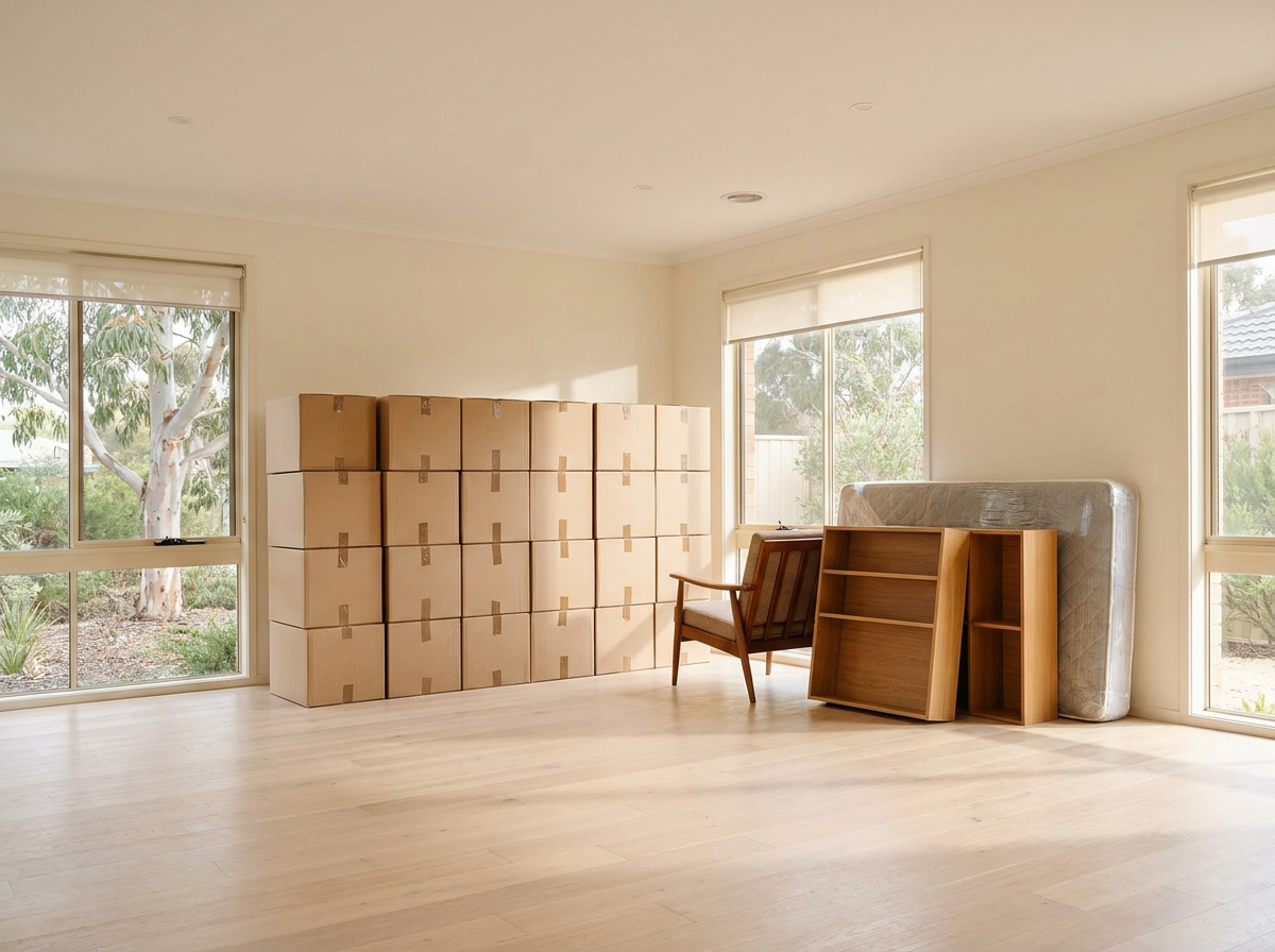 Neatly stacked boxes and furniture during deceased estate rubbish removal in Sydney