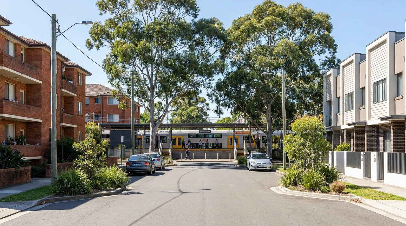 Lidcombe streetscape in Western Sydney near the railway station